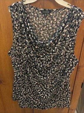 George Sleeveless Cowl Neck Blouse in Black with Grey and White Dot Print